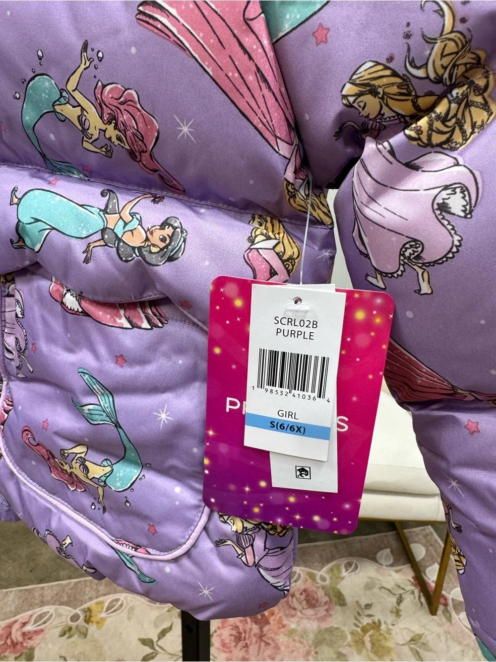 Disney Princess Girls Purple Puffer Jacket Hooded Fleece Lined 6/6X NWT